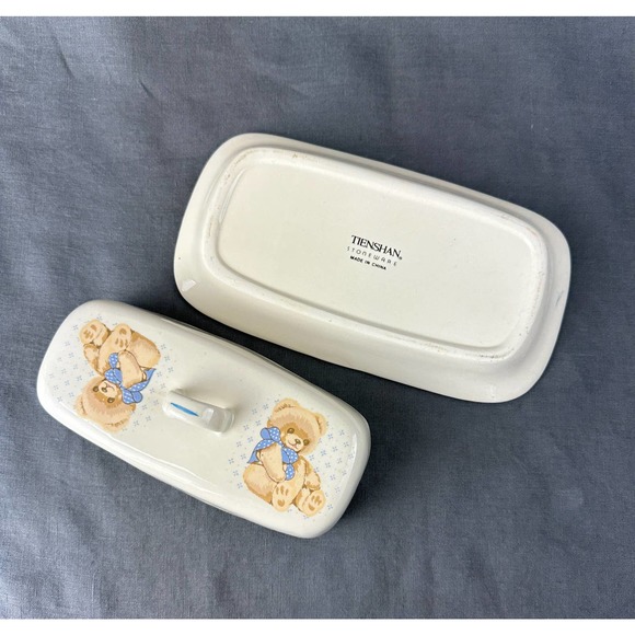 Vintage 1990 Tienshan Stoneware Teddy Bear Covered Butter Dish - Picture 6 of 8